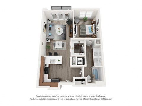Floor plan for 1 bed, 1 bath, 748 sqft